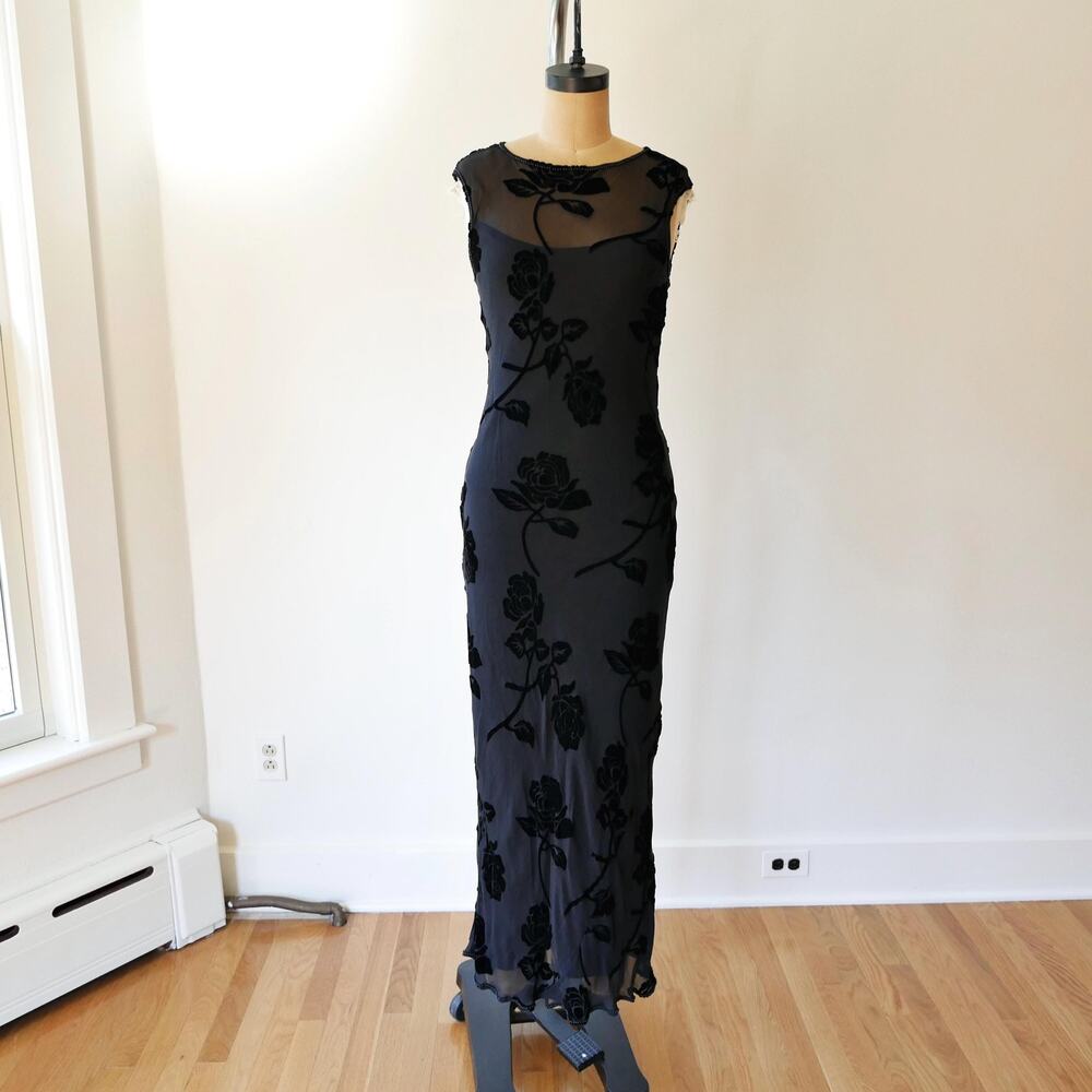 90s y2k fairy-goth slip dress black burn-out velvet floral print beaded trim